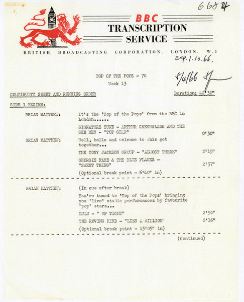 Various : Top Of The Pops-70 (LP, Mono, Transcription)