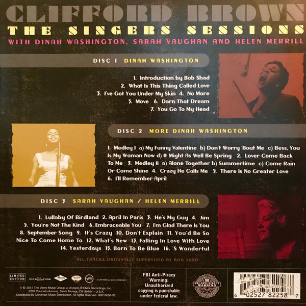 Clifford Brown With Dinah Washington, Sarah Vaughan, Helen Merrill : The Emarcy Master Takes, Vol. 2 The Singers Sessions (3xCD, Album, Comp, Ltd)