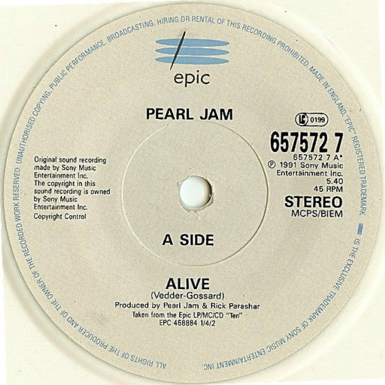 Pearl Jam : Alive (7", Single, Ltd, Whi)