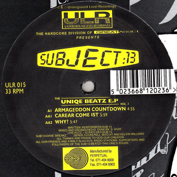 Subject:13* : The Uniqe Beatz E.P Vol. 1 (12", EP)