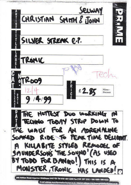 Christian Smith & John Selway : Silver Streak EP (12", EP, W/Lbl)