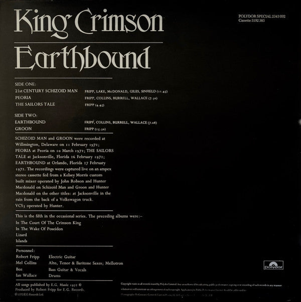 King Crimson : Earthbound (LP, Album, RE)