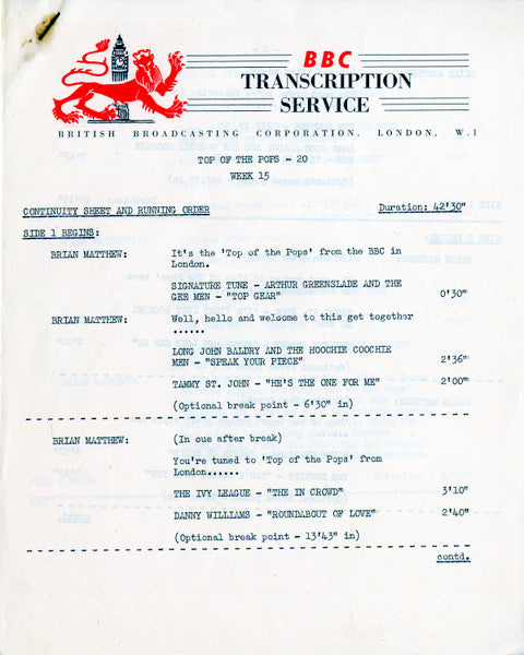 Various : Top Of The Pops-20 (LP, Mono, Transcription)