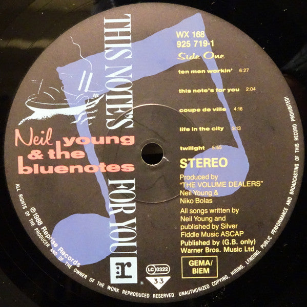 Neil Young & The Bluenotes (5) : This Note's For You (LP, Album)