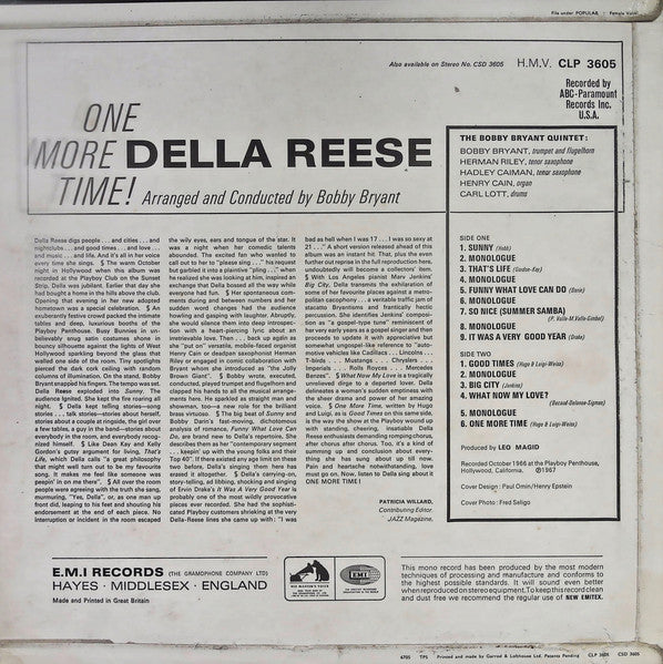 Della Reese : One More Time! Recorded Live At The Playboy Club (LP, Album, Mono)