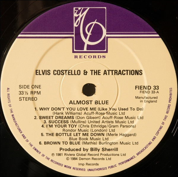 Elvis Costello & The Attractions : Almost Blue (LP, Album, RE)