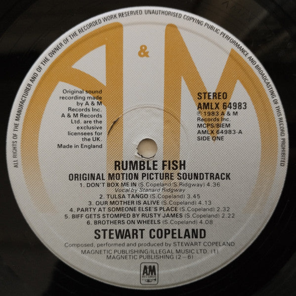 Stewart Copeland : Rumble Fish (Original Motion Picture Soundtrack) (LP, Album)