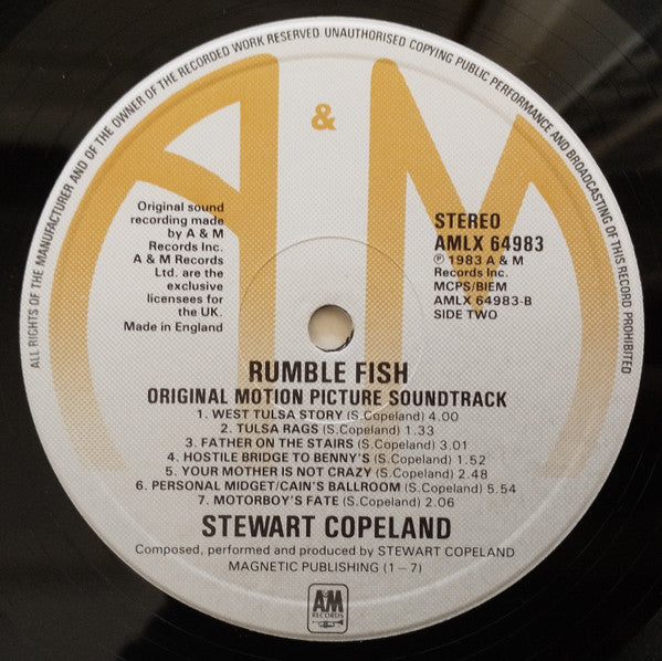 Stewart Copeland : Rumble Fish (Original Motion Picture Soundtrack) (LP, Album)