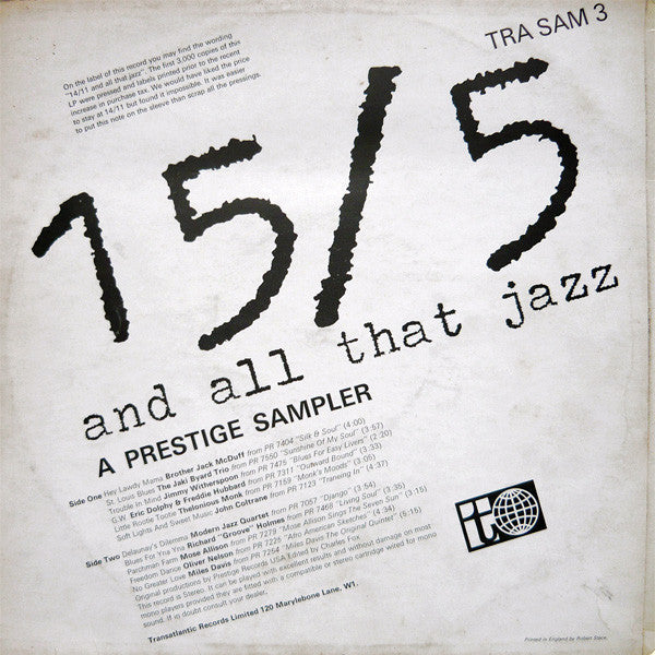 Various : 15/5 And All That Jazz - A Prestige Sampler (LP, Comp, Smplr)