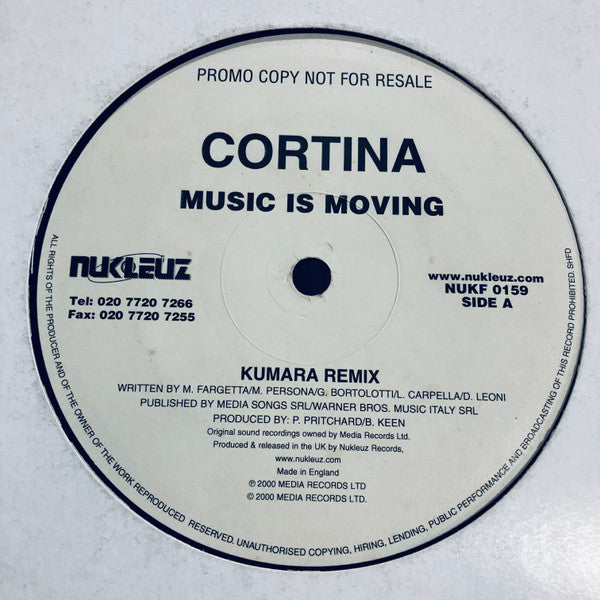 Cortina : Music Is Moving (12", Promo)