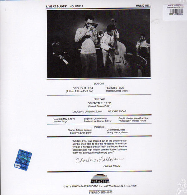 Music Inc.* : Live At Slugs' Volume 1 (LP, Album, Ltd, RE, RM, 180)