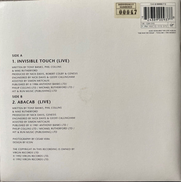 Genesis : Invisible Touch (Live) (7", Single, Ltd, Num, boo)