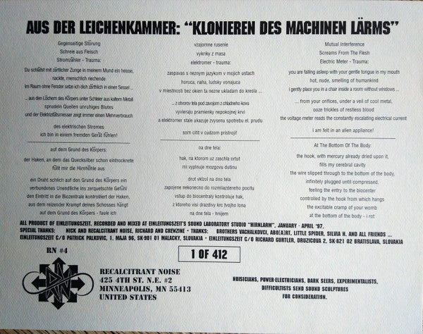 Einleitungszeit : Aus Der Leichenkammer: "Klonieren Des Machinen Lärms" (LP, Ltd)