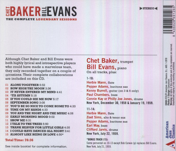 Chet Baker / Bill Evans : The Complete Legendary Sessions (CD, Comp)