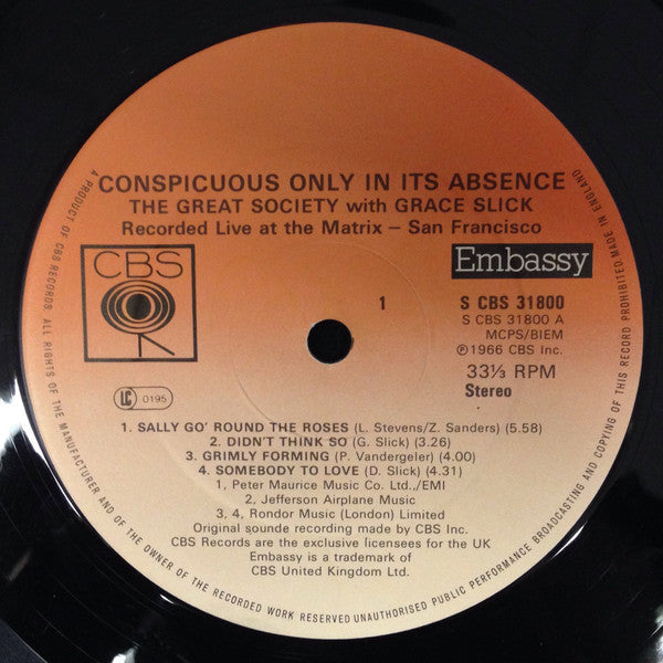 The Great Society With Grace Slick : Conspicuous Only In Its Absence (LP, Album)