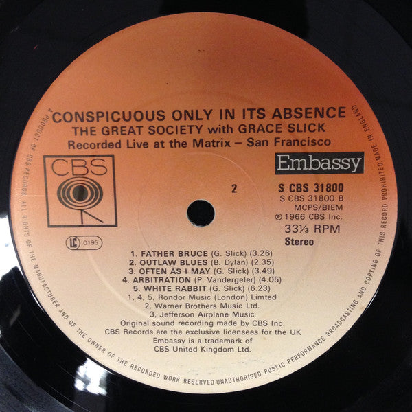 The Great Society With Grace Slick : Conspicuous Only In Its Absence (LP, Album)