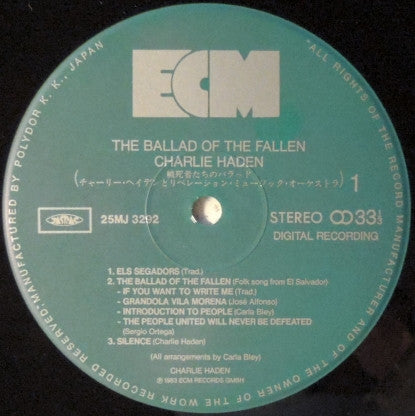 Charlie Haden, Carla Bley, Don Cherry, Sharon Freeman, Mick Goodrick, Jack Jeffers, Michael Mantler, Paul Motian, Jim Pepper, Dewey Redman, Steve Slagle, Gary Valente : The Ballad Of The Fallen (LP, Album)