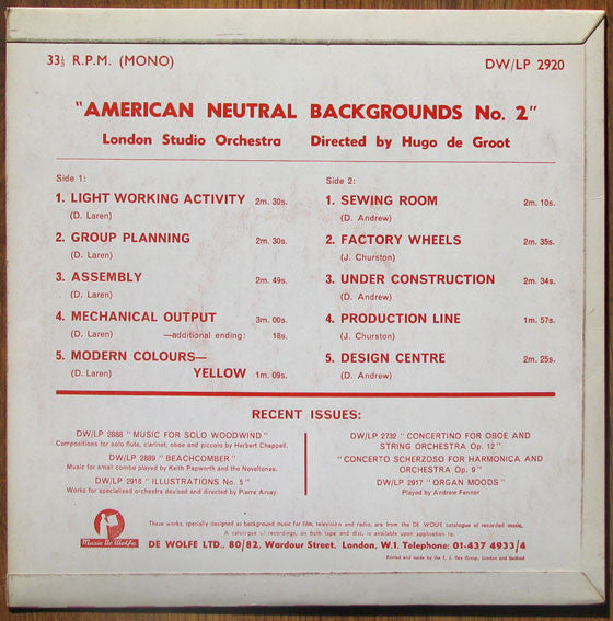 D. Laren*, D. Andrew*, J. Churston*, Hugo de Groot, London Studio Orchestra* : American Neutral Backgrounds No. 2 (10", Mono)