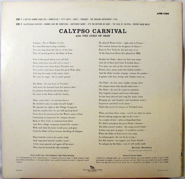 The Duke Of Iron : Calypso Carnival (LP, Album)