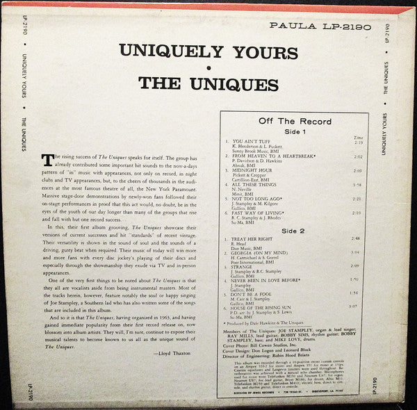 The Uniques (2) : Uniquely Yours (LP, Album, Mono)