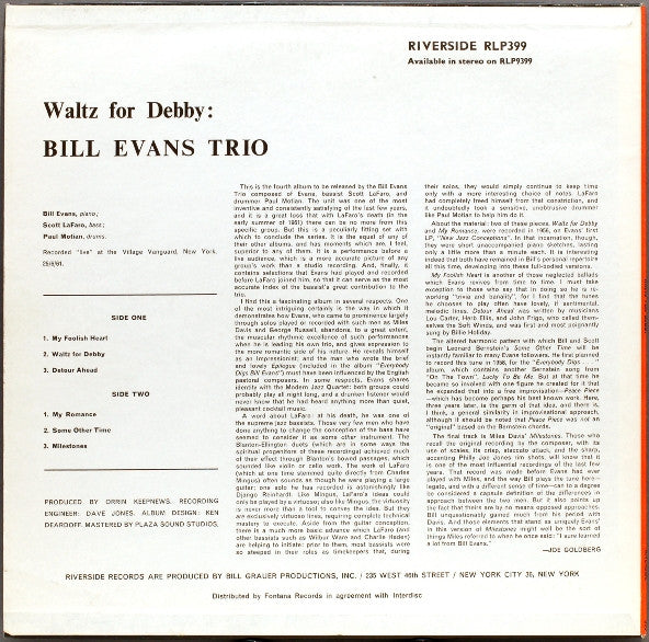 Bill Evans Trio* With Scott LaFaro, Paul Motian : Waltz For Debby (LP, Album, Mono)