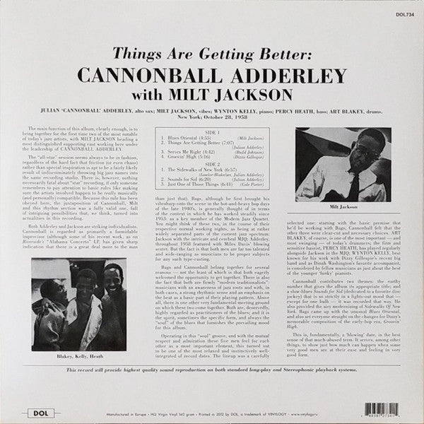 Cannonball Adderley With Milt Jackson : Things Are Getting Better (LP, Album, RE)