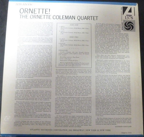 The Ornette Coleman Quartet : Ornette! (LP, Album, Mono, Lam)