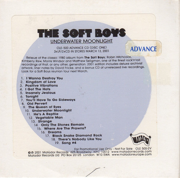 The Soft Boys : Underwater Moonlight (CD, Album, Promo, RE, Dis)