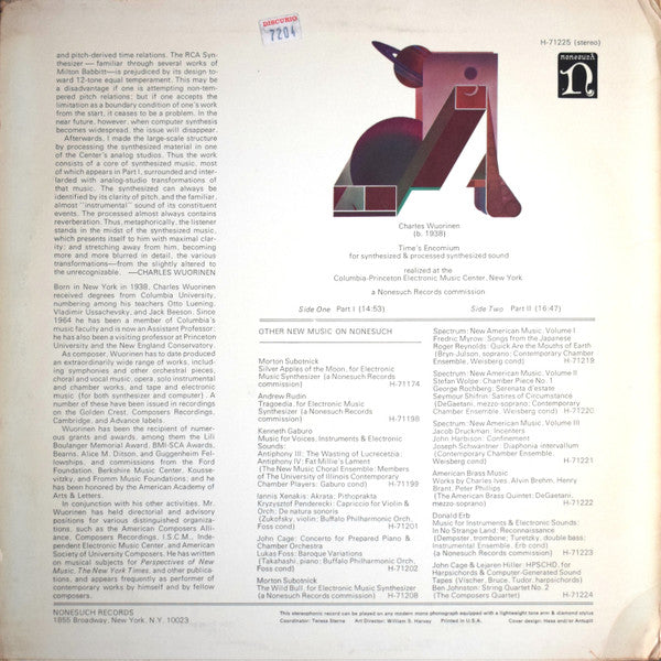 Charles Wuorinen : Time's Encomium (For Synthesized & Processed Synthesized Sound) (LP, Album)