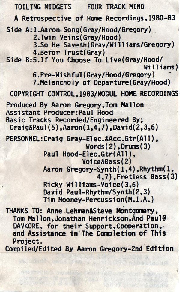 Toiling Midgets : Four Track Mind (A Retrospective Of Home Recordings, 1980-1983) (Cass, Comp, RP, C30)