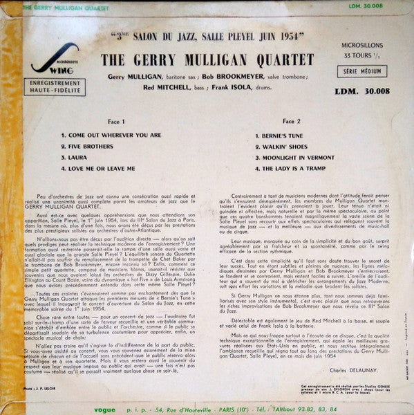 The Gerry Mulligan Quartet* : 3e Salon Du Jazz, Paris, 1954, À Pleyel (LP, Album, Mono)