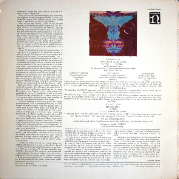 John Cage & Lejaren Hiller / Ben Johnston : HPSCHD / String Quartet No. 2 (LP, Album)