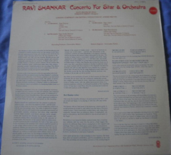 Ravi Shankar : Concerto For Sitar & Orchestra (LP, Album, Club)