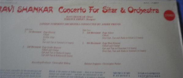 Ravi Shankar : Concerto For Sitar & Orchestra (LP, Album, Club)