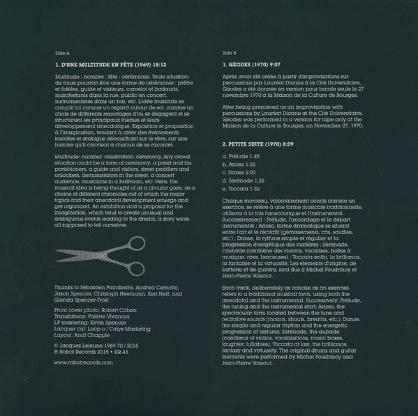 Jacques Lejeune : Early Works 1969-1970 (LP, Comp)