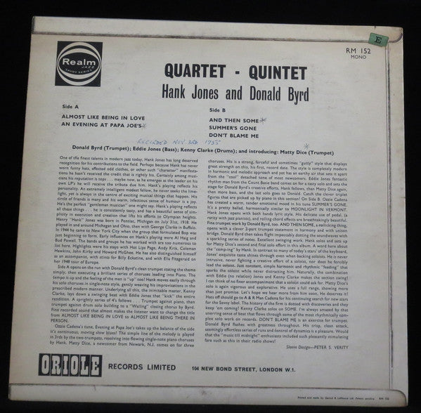 Hank Jones, Donald Byrd : Quartet-Quintet (LP, Album, Mono, RE)
