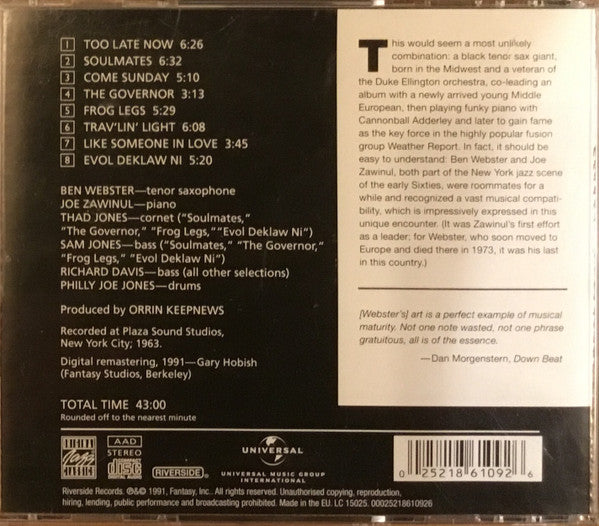 Ben Webster And Joe Zawinul : Soulmates (CD, Album, RE, RM)